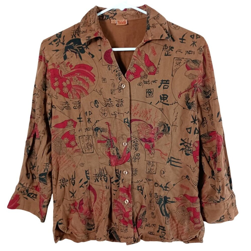 Tianello Art to Wear Shirt Womens S Brown Asian Print Tencel 3/4 Sleeve USA Made